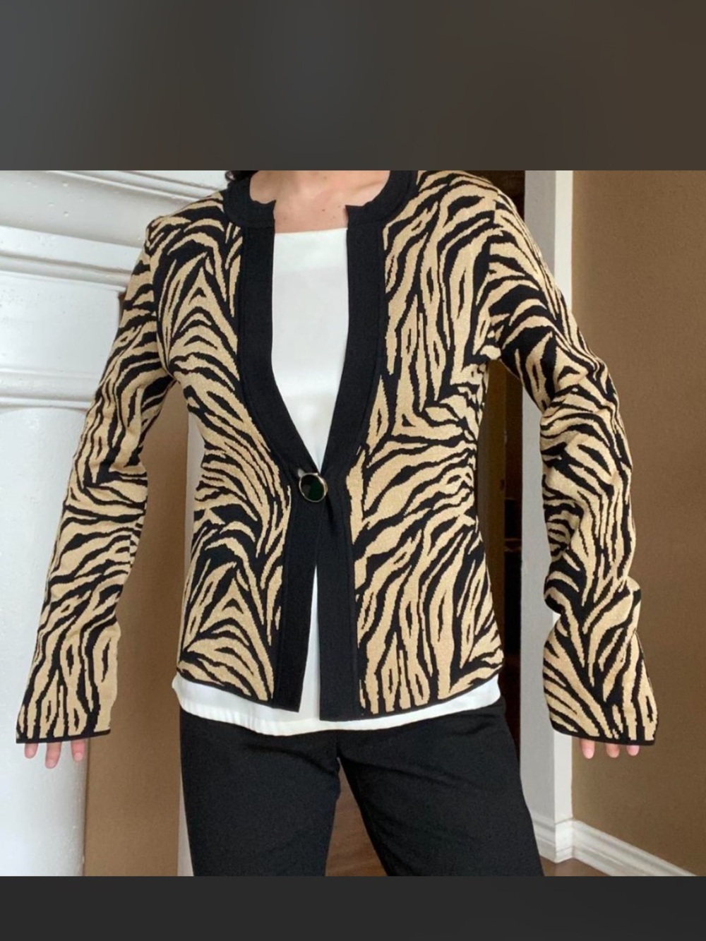 Jones New York Black & Tan Zebra-Print Knit Cardigan
